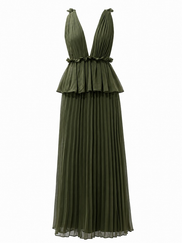 【新品DRESS 4338】バックオープンホルターペプラムプリーツフレアロングドレス グリーン【asos】